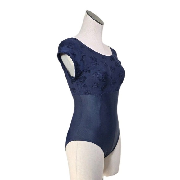 Body Wrappers VTG Embossed Floral Navy SS Dance Leotard Size Preteen Adult XS/S - Picture 6 of 16
